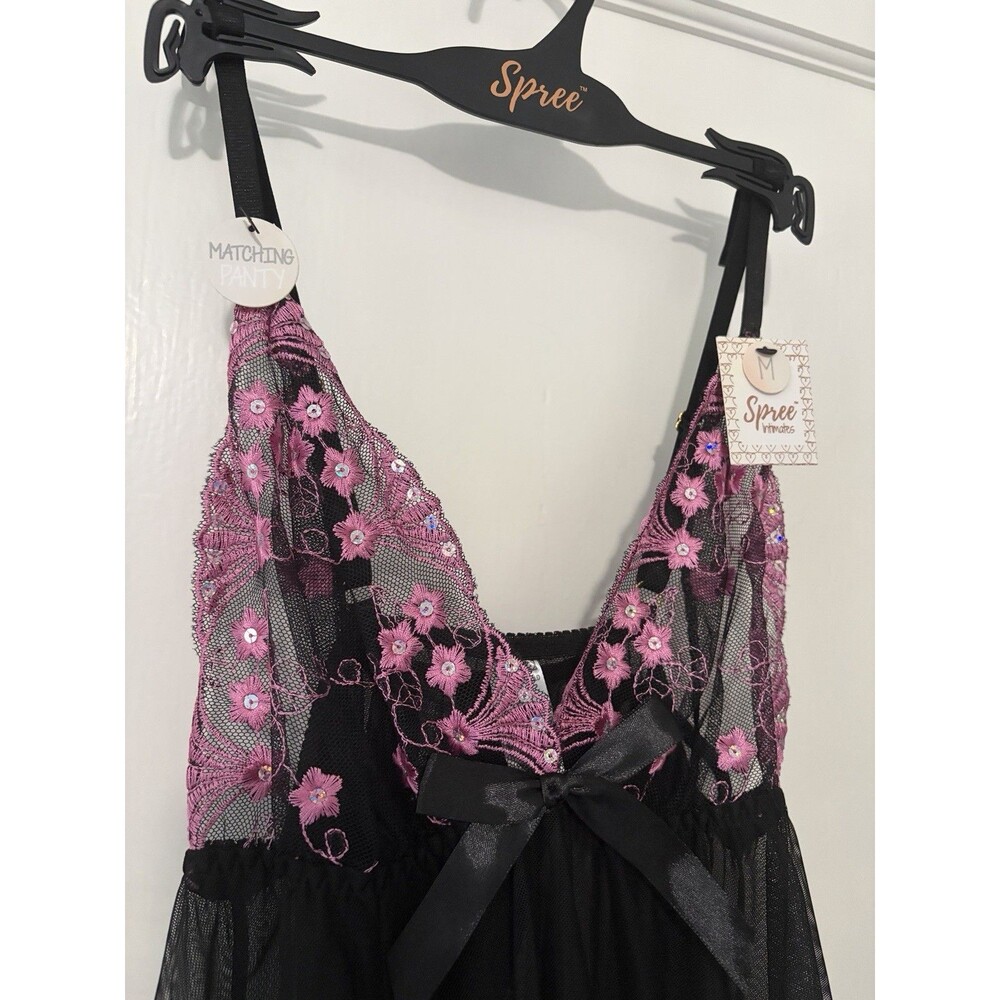 NWT Black Pink Lace Sheer Babydoll Lingerie Thong Set Nightgown Medium Spree - Picture 5 of 10